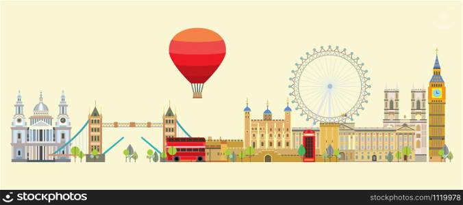 Colorful vector illustration of London landmarks. City Skyline vector isolated illustration. Panoramic vector London background. Vector colorful illustration of attractions of London, England.