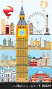 Colorful vector illustration of London landmarks. Poster with London city skyline vector isolated illustration. Vertical vector London background. Vector colorful illustration of London, England.