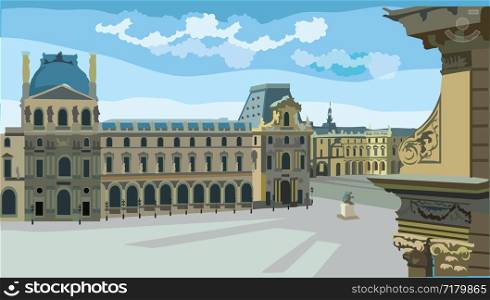 Colorful vector Illustration of Louvre museum, landmark of Paris, France. Cityscape with museum. Colorful vector illustration, cityscape of Paris.
