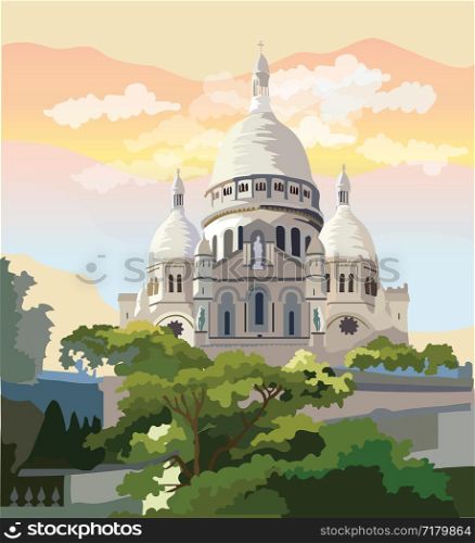 Colorful vector Illustration of Montmartre, landmark of Paris, France. Cityscape with basilica Sacre Coeur. Colorful vector illustration, cityscape of Paris.