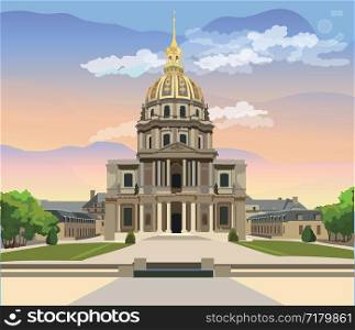 Colorful vector Illustration of National Residence of the Invalids, landmark of Paris, France. Colorful vector illustration, cityscape of Paris.