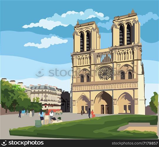 Colorful vector Illustration of Notre Dame Cathedral (Paris, France). Landmark of Paris. Cityscape with Notre Dame Cathedral.