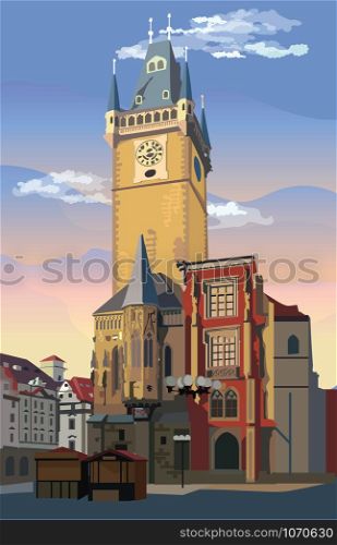 Colorful vector Illustration of Old Town Hall in Prague. Landmark of Prague, Czech Republic. Vector illustration of landmark of Prague.