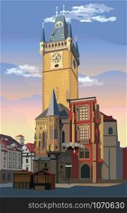Colorful vector Illustration of Old Town Hall in Prague. Landmark of Prague, Czech Republic. Vector illustration of landmark of Prague.