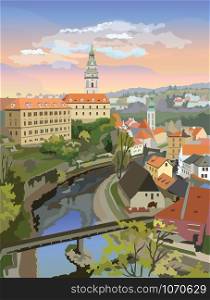Colorful vector Illustration of panoramic cityscape of Cesky Krumlov. Aerial View on roofs, castle and river. Landmark of Czech Republic. Colorful vector illustration.