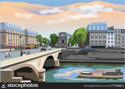 Colorful vector illustration of Pont Saint Michel bridge, landmark of Paris, France. Cityscape with Saint Michel bridge and Paris street. Colorful vector illustration, cityscape of Paris.