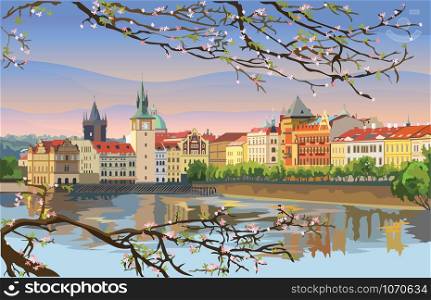Colorful vector Illustration of Prague old city panorama with blossom tree, river Vltava. Landmark of Prague, Czech Republic. Vector illustration of landmark of Prague.