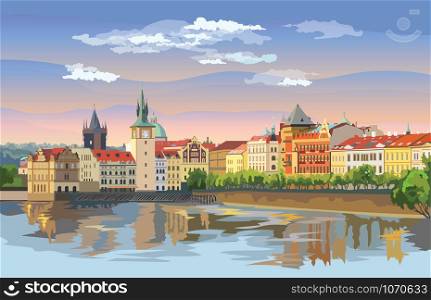 Colorful vector illustration of Prague old city panorama with river Vltava. Landmark of Prague, Czech Republic. Vector illustration of landmark of Prague.