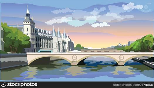Colorful vector Illustration of The castle of Conciergerie, landmark of Paris, France. Panoramic cityscape with Conciergerie. Colorful vector illustration of Conciergerie.