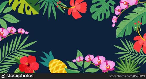 Colorful vector illustration with green tropical plants and bright exotic flowers.. Bright tropical background with empty space for text. Vector illustration.