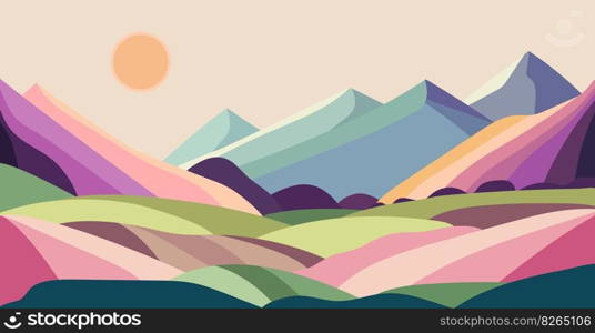 Colorful vector landscape with mountains and fields in the style of minimalism.