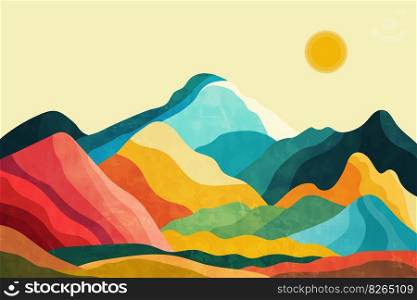 Colorful vector landscape with mountains and fields in the style of minimalism.