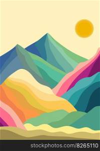 Colorful vector landscape with mountains and fields in the style of minimalism.