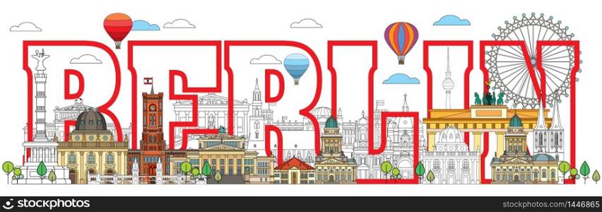 Colorful vector lettering with skyline of Berlin, Germany in line art style. Flat vector isolated colorful illustration of main landmarks of Berlin front view. Vector icon, building outline travel concept.