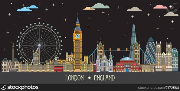 Colorful vector line art illustration of London landmarks in nightime. London skyline vector illustration in black background. Set of vector colorful illustration of attractions of London, England.