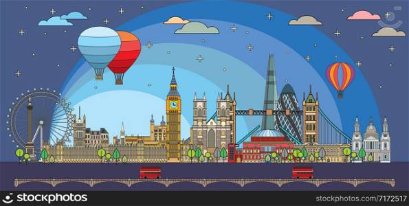 Colorful vector line art illustration of London landmarks in twilight time. London skyline vector illustration in blue background. Set of vector colorful illustration of attractions of London, England.