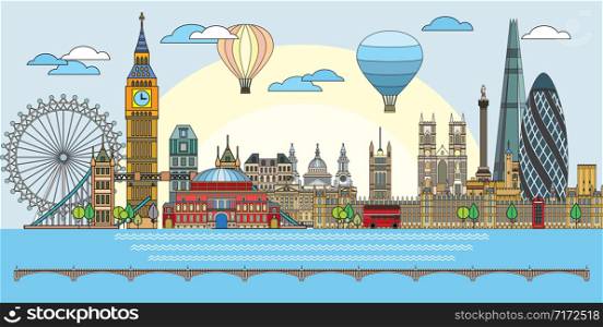 Colorful vector line art illustration of London landmarks. London skyline vector illustration in blue background. Set of vector colorful illustration of attractions of London, England.