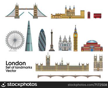 Colorful vector line art set of London landmarks. Skyline vector illustration isolated on white background. Set of vector colorful illustration of attractions of London, England.