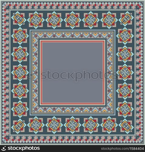 Colorful vector mosaic rug with abstract ethnic geometric ornaments. Carpet border frame ornamental pattern. Colorful vector mosaic rug with abstract ethnic geometric ornaments.