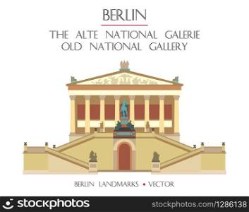 Colorful vector Old National Gallery (The Alte National galerie) front view, famous landmark of Berlin, Germany. Vector flat illustration isolated on white background. Berlin travel concept. Stock illustration