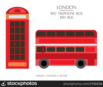 Colorful vector Red telephone box and Red tourist bus illustration, famous landmarks of London, England. Vector flat illustration isolated on white background. Stock illustration