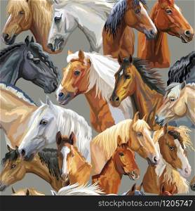 Colorful vector seamless pattern with realistic portraits of horses breeds. Vector colorful background with portraits of horses. Illustration is good for postcards, design and posters.