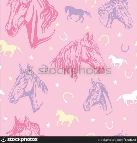 Colorful vector seamless pattern with stars, horseshoes and decorative portraits of  horses, on pink background