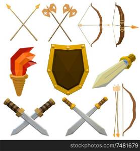 Colorful vector set of medieval weapons isolated on white background. Low poly armed knights. Onions, shield, spear, ax, torch, arrow, dagger. Stock vector illustration