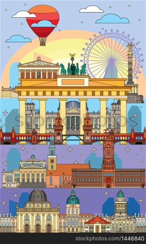 Colorful vector skyline of Berlin, Germany in line art style. Vertical vector flat illustration of main landmarks of Berlin front view. Vector icon, building outline travel concept.
