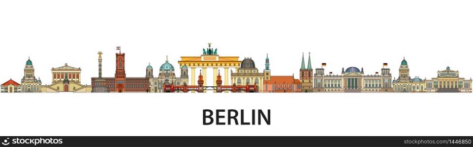 Colorful vector skyline of Berlin, Germany in line art style. Flat vector isolated colorful panoramic illustration of main landmarks of Berlin front view. Vector icon, building outline travel concept.
