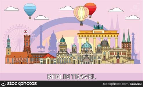 Colorful vector skyline of Berlin, Germany in line art style. Flat vector colorful illustration of main landmarks of Berlin front view isolated on pink background. Vector icon, building outline travel concept.
