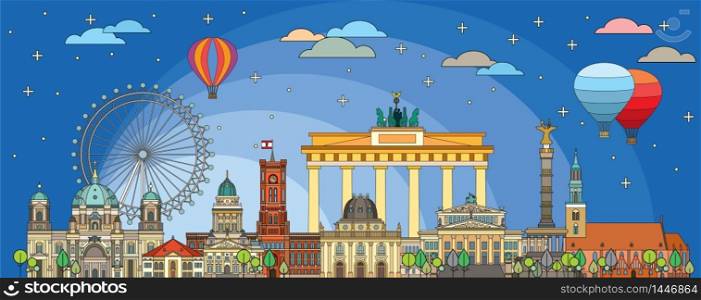 Colorful vector skyline of Berlin, Germany in line art style. Flat vector isolated colorful illustration of main landmarks of Berlin front view in twilight time. Vector icon, building outline travel concept.