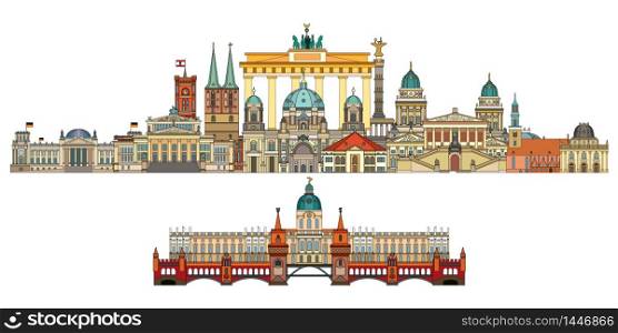 Colorful vector skyline of Berlin, Germany in line art style. Flat vector isolated colorful horizontal illustration of main landmarks of Berlin front view. Vector icon, building outline travel concept.
