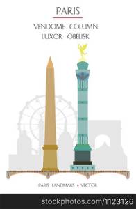 Colorful vector Vendome column and Luxor Obelisk famous landmarks of Paris, France. Vector illustration isolated on white background. Stock illustration