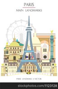 Colorful vector vertical illustration of famous landmarks of Paris, France. Vector flat illustration isolated on white background. Stock illustration