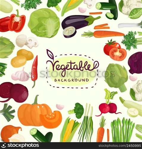 Colorful vegetables including tomato, potato, red pepper and mushrooms with calligraphic lettering on white background vector illustration. Colorful Vegetables Background
