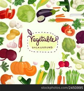 Colorful vegetables including tomato, potato, red pepper and mushrooms with calligraphic lettering on white background vector illustration. Colorful Vegetables Background