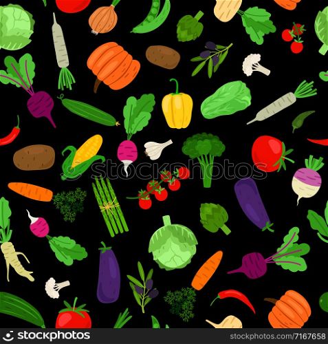 Colorful vegetables pattern. Vegetal seamless pattern, vegetable food ingredients texture, carrots radish beet pepper vector background. Colorful vegetables pattern