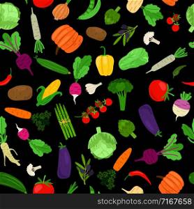 Colorful vegetables pattern. Vegetal seamless pattern, vegetable food ingredients texture, carrots radish beet pepper vector background. Colorful vegetables pattern