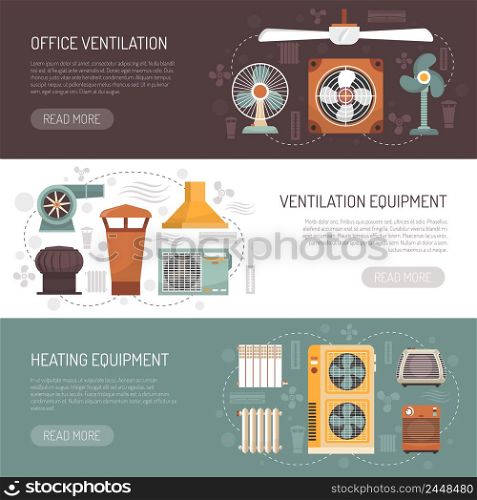 Colorful ventilation conditioning and heating equipment for office and home flat banners isolated vector illustration. Ventilation Conditioning And Heating Banners