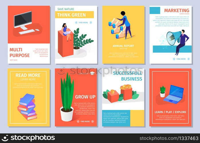 Colorful Vertical Banners Set with Copy Space. Cover Design. Computer Monitor, Woman Sitting on Column, Thumb Up Fingers, Guy with Loudspeaker, Books, Poted Plant 3D Flat Vector Isometric Illustration. Colorful Vertical Banners Set with Copy Space.