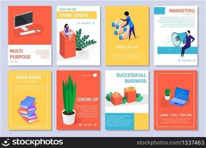 Colorful Vertical Banners Set with Copy Space. Cover Design. Computer Monitor, Woman Sitting on Column, Thumb Up Fingers, Guy with Loudspeaker, Books, Poted Plant 3D Flat Vector Isometric Illustration. Colorful Vertical Banners Set with Copy Space.