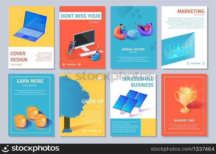 Colorful Vertical Banners Set with Copy Space. Cover Design. Guy Climb PC Monitor, Men Sitting on Armchairs, Laptop, Tree, Solar Panels, Money,Charts and Graphs. 3D Flat Vector Isometric Illustration. Multicolored Vertical Banners Set with Copy Space.