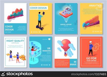 Colorful Vertical Banners Set with Copy Space. Cover Design. Guy on Hoverboard, Man with Wheel, Air Balloon, Virtual Reality, Women with Stars. Charts and Graphs. 3D Flat Vector Isometric Illustration. Bright Vertical Banners Set with Copy Space.