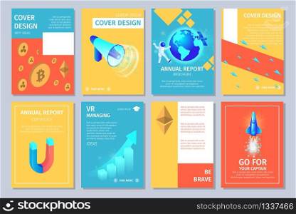 Colorful Vertical Banners Set with Copy Space. Cover Design. Bitcoins, Loudspeaker, Spaceman and Earth, Magnet, Growing Chart and Graph. Rocket Go Up, Airplanes. 3D Flat Vector Isometric Illustration. Multicolored Vertical Banners Set with Copy Space.