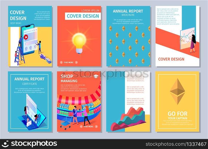 Colorful Vertical Banners Set with Copy Space. Cover Design. App Developers, Shining Lightbulb, Couple, Shop Managing, Annual Report, Woman with Graphs, Charts, 3D Flat Vector Isometric Illustration. Colorful Vertical Cover Design Set with Copy Space