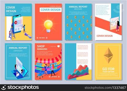 Colorful Vertical Banners Set with Copy Space. Cover Design. App Developers, Shining Lightbulb, Couple, Shop Managing, Annual Report, Woman with Graphs, Charts, 3D Flat Vector Isometric Illustration. Colorful Vertical Cover Design Set with Copy Space