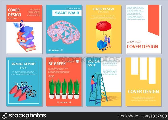 Colorful Vertical Banners Set with Copy Space. Cover Design. Guy Climbing on Ladder, Man Sitting on Books Heap, Potted Plants, Walking Family, Brain, Bicycles 3D Flat Vector Isometric Illustration. Isometric Vertical Banners Set with Copy Space.