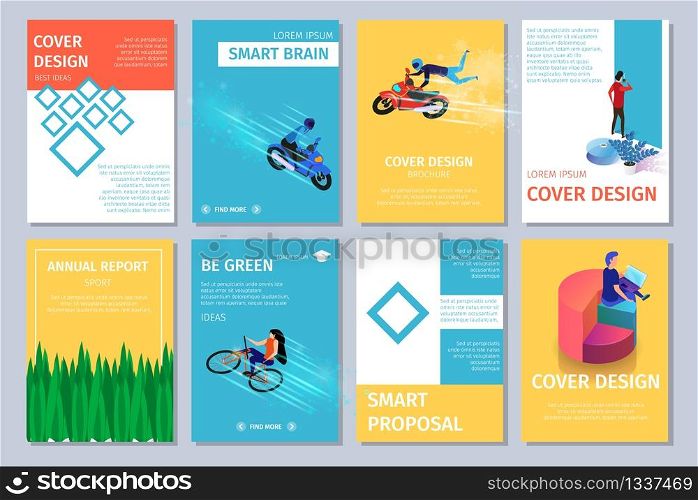 Colorful Vertical Banners Set with Copy Space. Cover Design. Guys Extreme Riding Motocycles, Man Sitting on Pie Chart with Laptop, Woman on Bicycle, Green Grass. 3D Flat Vector Isometric Illustration. Different Vertical Banners Set with Copy Space.