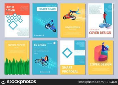 Colorful Vertical Banners Set with Copy Space. Cover Design. Guys Extreme Riding Motocycles, Man Sitting on Pie Chart with Laptop, Woman on Bicycle, Green Grass. 3D Flat Vector Isometric Illustration. Different Vertical Banners Set with Copy Space.